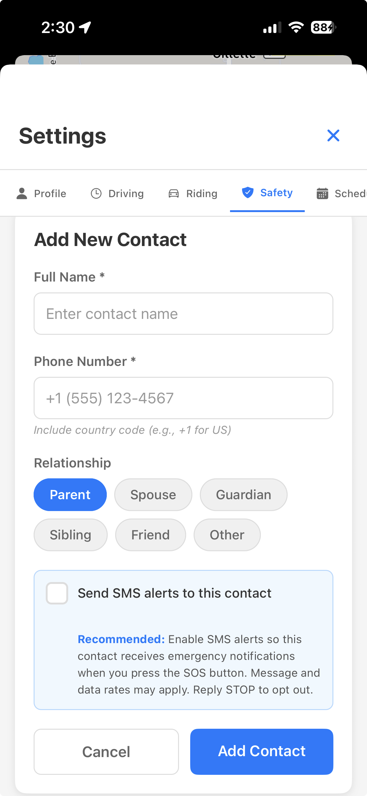 SMS consent checkbox when adding emergency contacts in Shufl app
